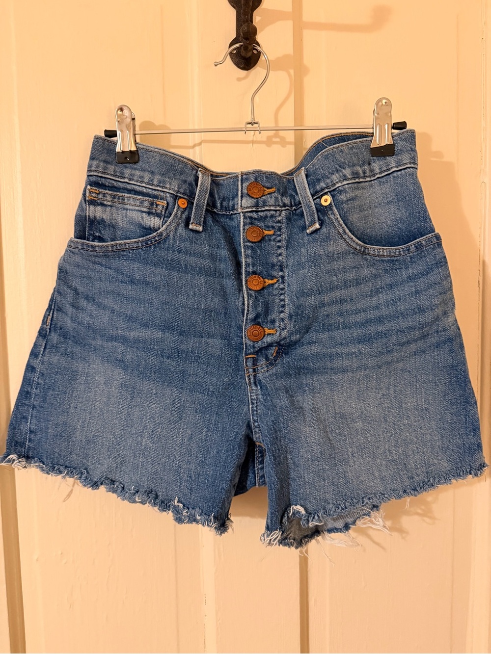 Madewell Button-Front Frayed Hem Denim Shorts - Blue
